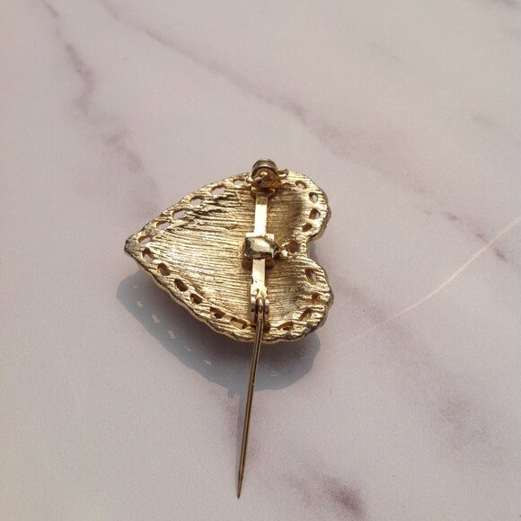 Gold Heart Shaped Brooch PENDANT Swarovski Rivoli Aurora Borealis Crystals - Picture 8 of 12